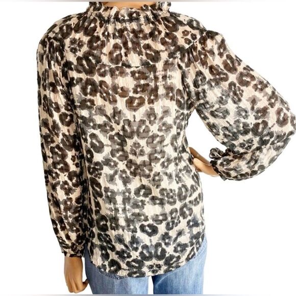 Rebecca Taylor Brown and Tan Tie Front Blouse with Mandarin Collar, US12 - Picture 3 of 11